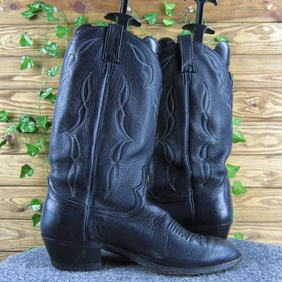 Dan Post Men's 10.5D Black Leather Cowboy‎ Western Boots Stitch Detail